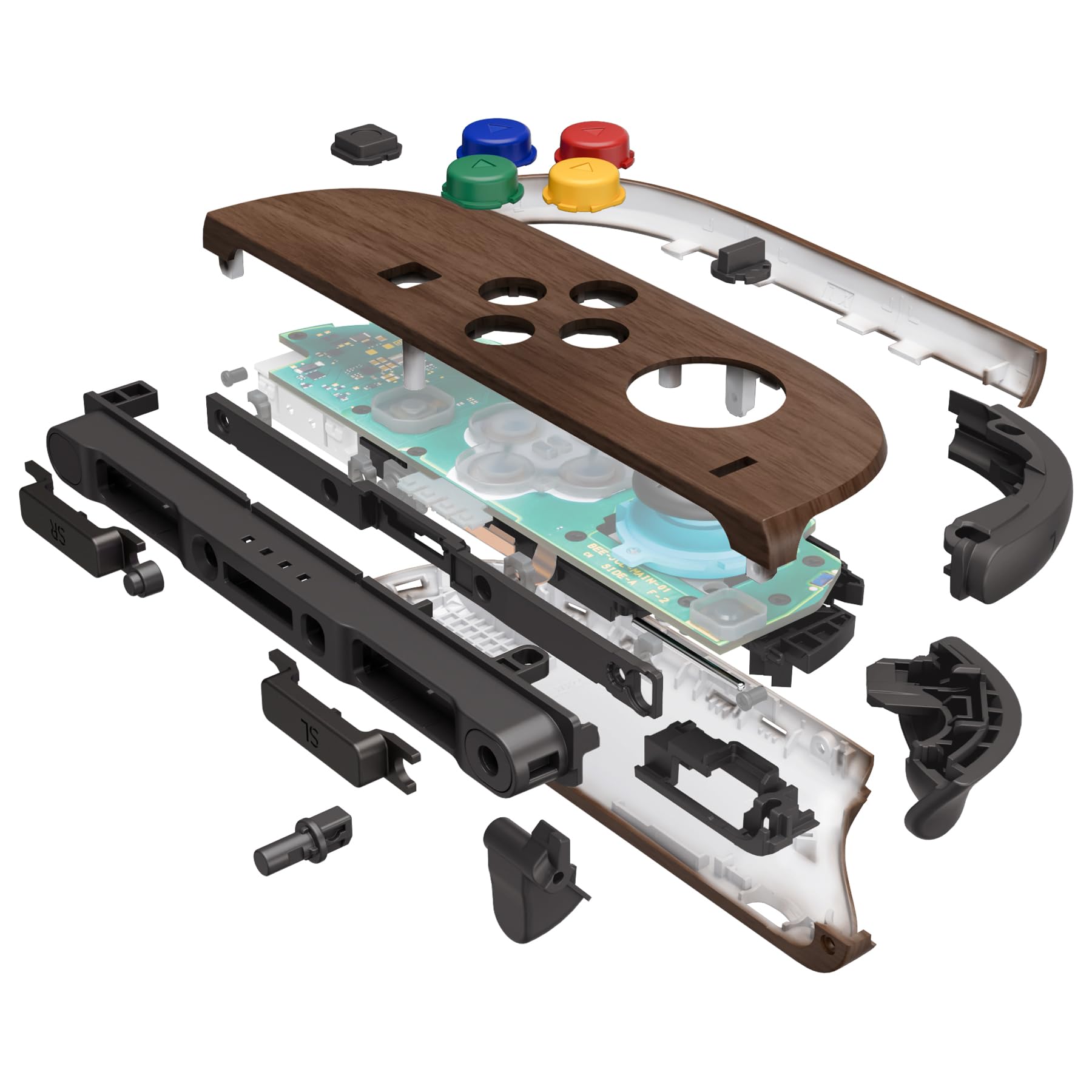 eXtremeRate DIY-Ersatz Full Shell & Button Zubehör für Switch 2 Joycons, Deluxe Version Front Gehäuse/Back Case/Griff Deko-Streifen/Mittel Rahme/Knöpfe Set für Nintendo Switch 2 Joy Con-Holz Optik
