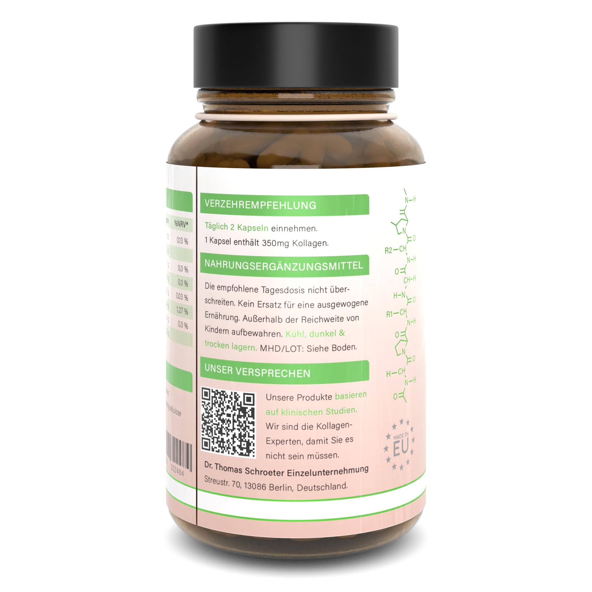 Kollagen Institut Vegetarisches Kollagen Kapseln - Hochdosiert Collagen Komplex aus Eierschalenmembran mit Hyaluron & Elastin, Typ I, V & X, 180 Kapseln 100% Vegetarisch, Reines Kollagenpulver