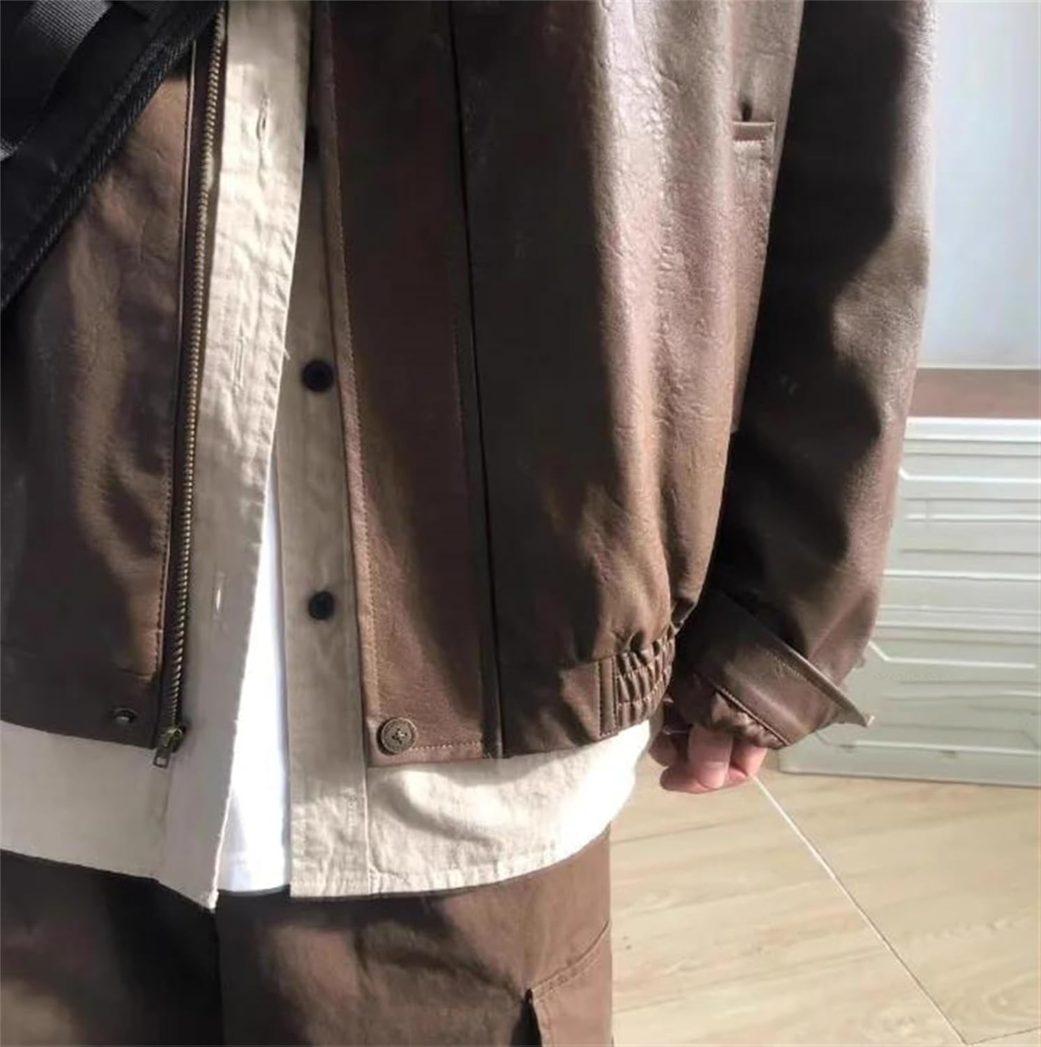 Men's Pu Leather Jacket Street Hip Hop Multi Pocket Coat Loose Short Outwear Zipper Front Faux Leather Jacket