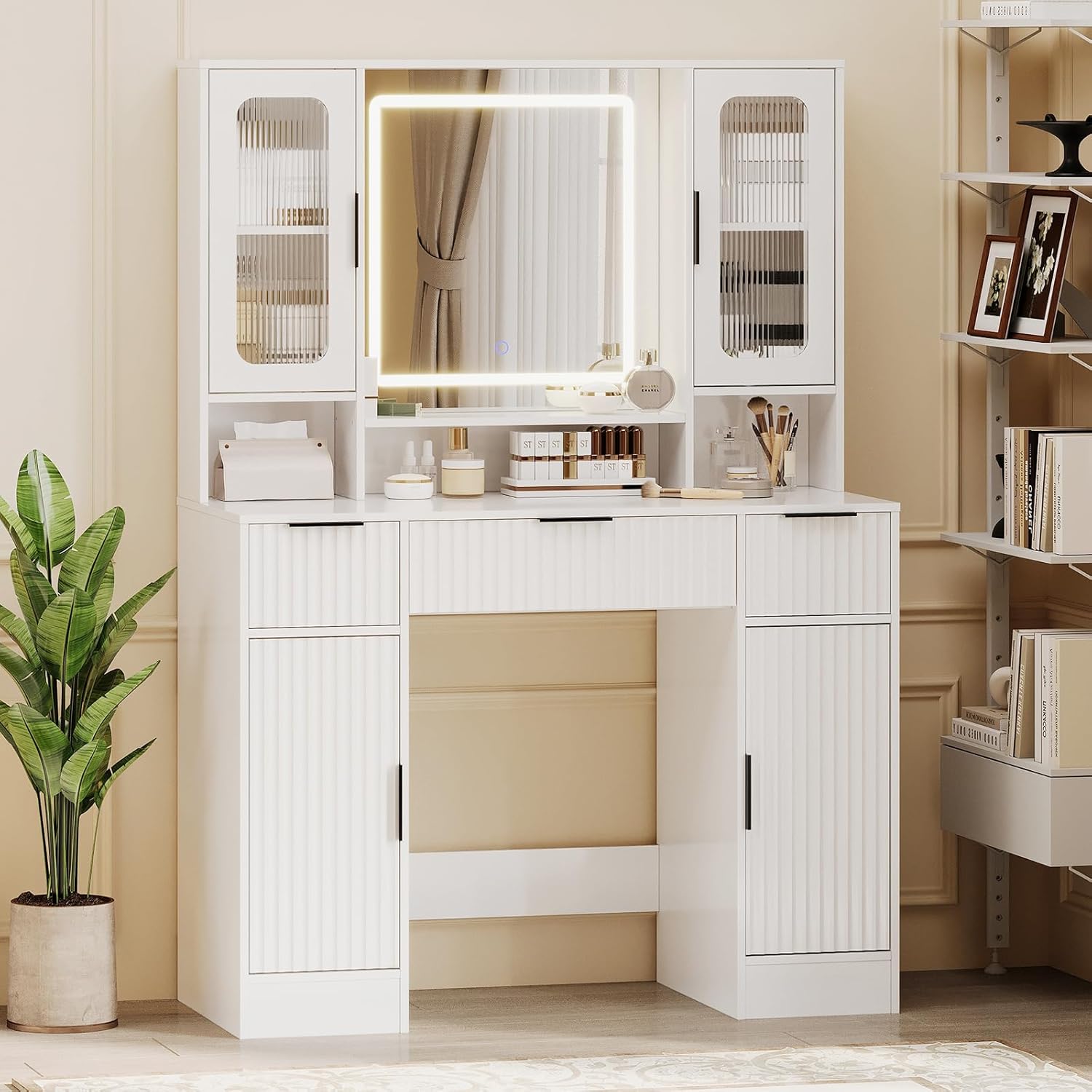 GarveeHome Vanity Desk with Mirror and Light, Makeup Dressing Table with 2 Glass Cabinets, 2 Large Cabinets & 3 Wavy Drawers, Makeup Vanity with Adjustable 3 Lighting Modes for Bedroom, White