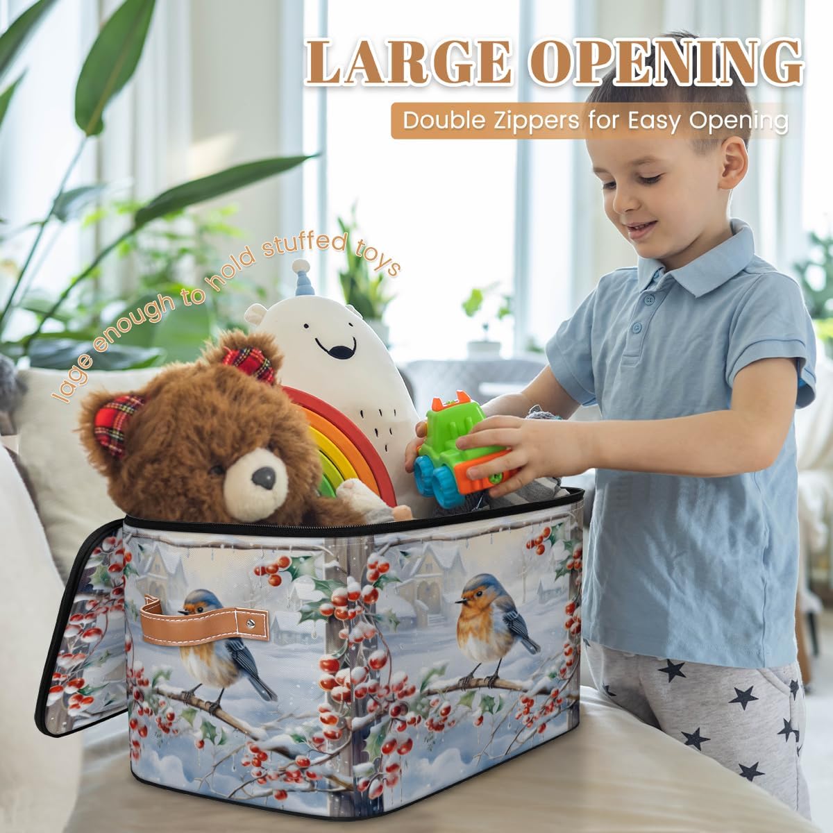 Storage Bin Set of 2 Winter Birds Storage Basket with Zipper Lid & Handle Foldable Closet Shelf 2 Pack Cloth Organizer Basket Cube Bins Clothes Organizer for Bedroom, Nursery