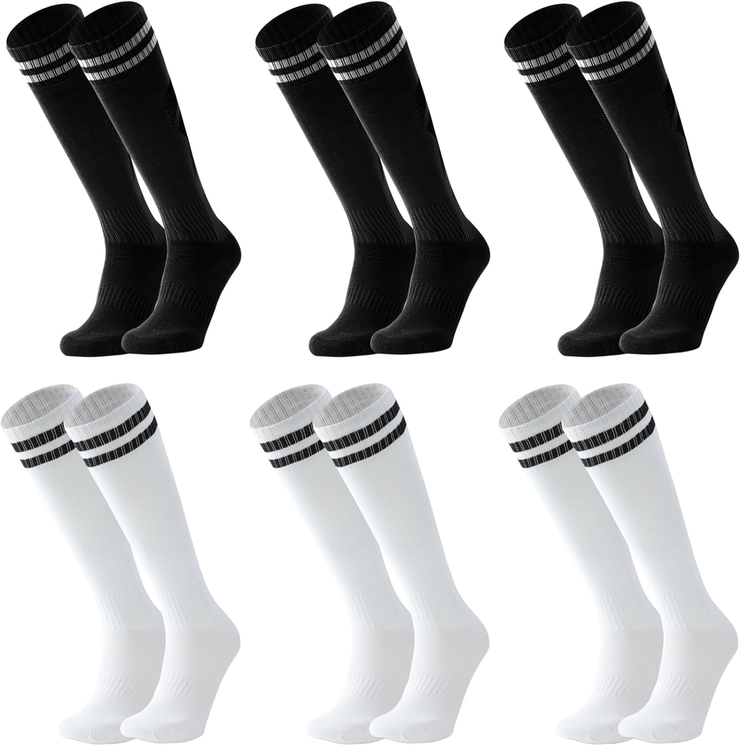6 Pairs Kids Soccer Socks Striped Knee High Tube Socks Football Uniform Sports Socks for Boys Girls 6-12Years Old