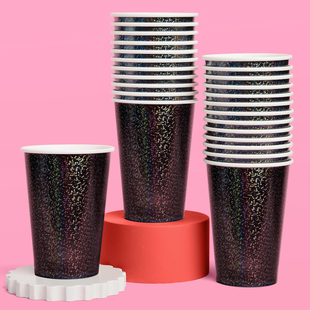 xo Fetti Black Iridescent Shimmer Paper Cups 50 pcs 12 oz Bachelorette Party Drinkware Birthday Tablescape Supplies NYE
