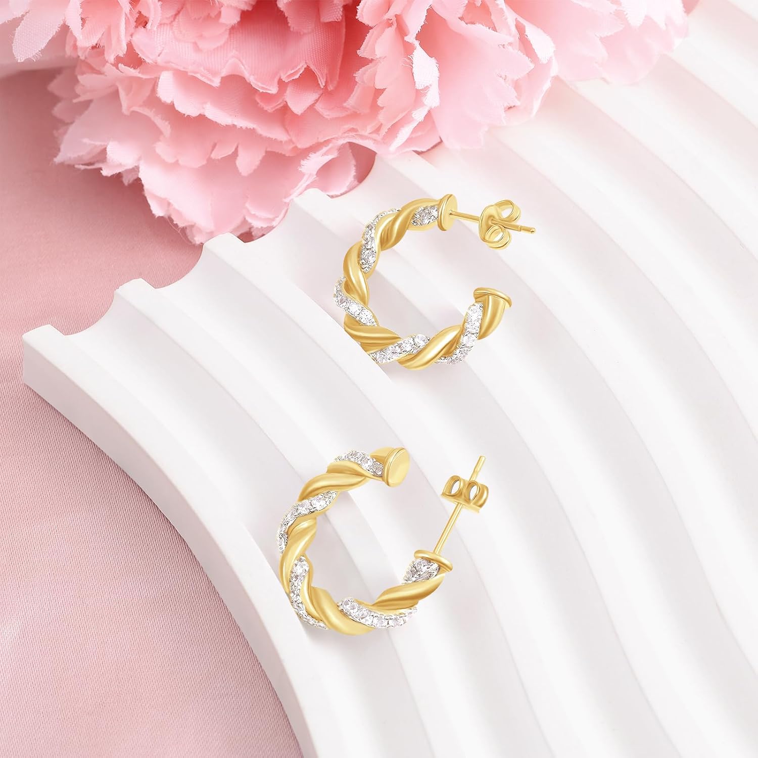 Chunky Hoop Earrings for Women Sterling Silver Plated 14k Gold CZ Twisted Rope Round Half Hoop Earrings Open Thick Huggie Simple Hypoallergenic Jewelry Birthday Gifts for Her - Image 2