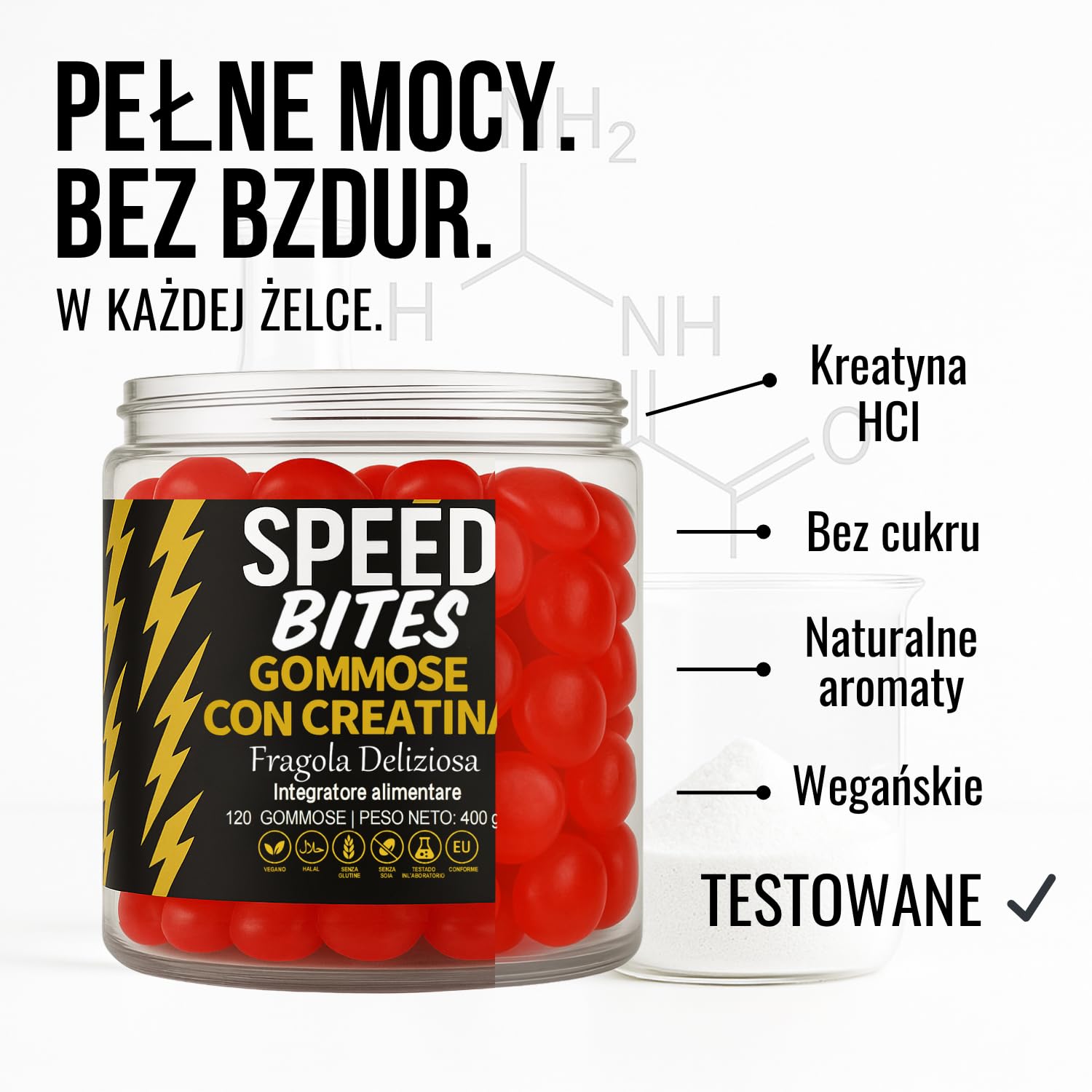 Kreatyna HCl Żelki – 1600 mg czystej Kreatyny HCl ≈ 5000 mg Monohydratu – Wegańskie, Bez Cukru, Wysoka Przyswajalność – Siła, Energia & Regeneracja – Produkcja UE – 120 Żelków