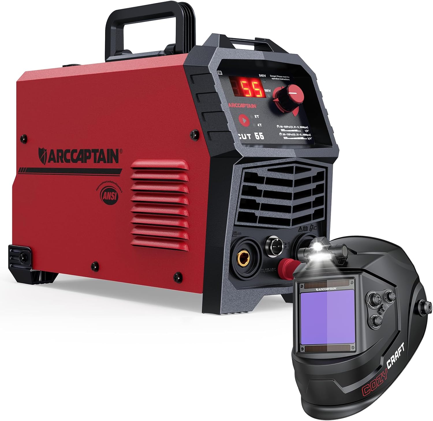 ARCCAPTAIN 55A Plasma Cutter, Non-Touch Pilot Arc High-Frequency Plasma Cutting Machine + ARCCAPTAIN Large View 3.94" x 3.66" True Color Auto Darkening Welding Helmet with Light