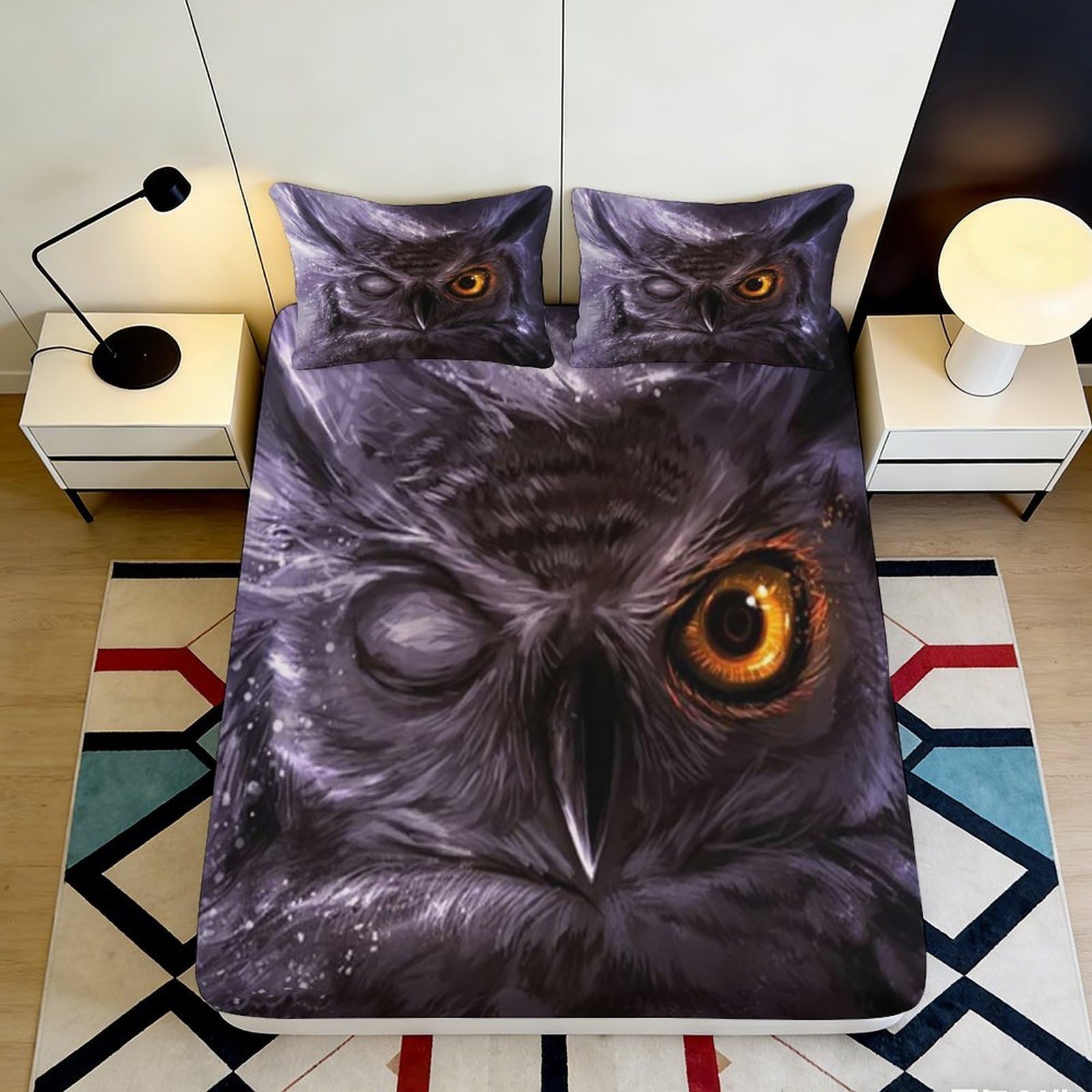 Jqzkxnhpbr Style-5 3D Printed Owl Eye Fitted Sheet Microfiber Soft Anti-Slip Bed Cover For Bedroom Dorm Artistic Mattress Protection Decor 90X200x25cm