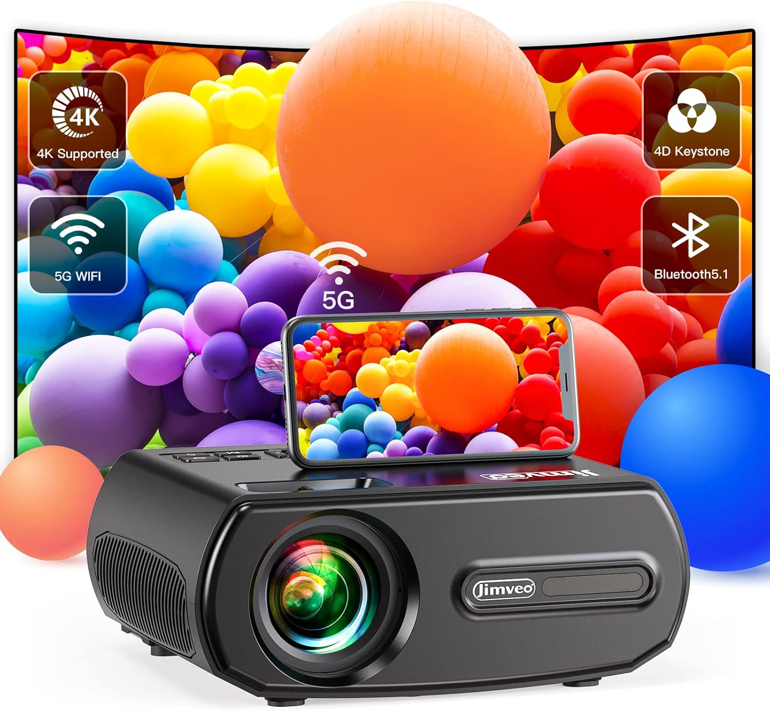 Projector, Jimveo 5G Wifi Bluetooth Projector 15000L Native 1080P 4K