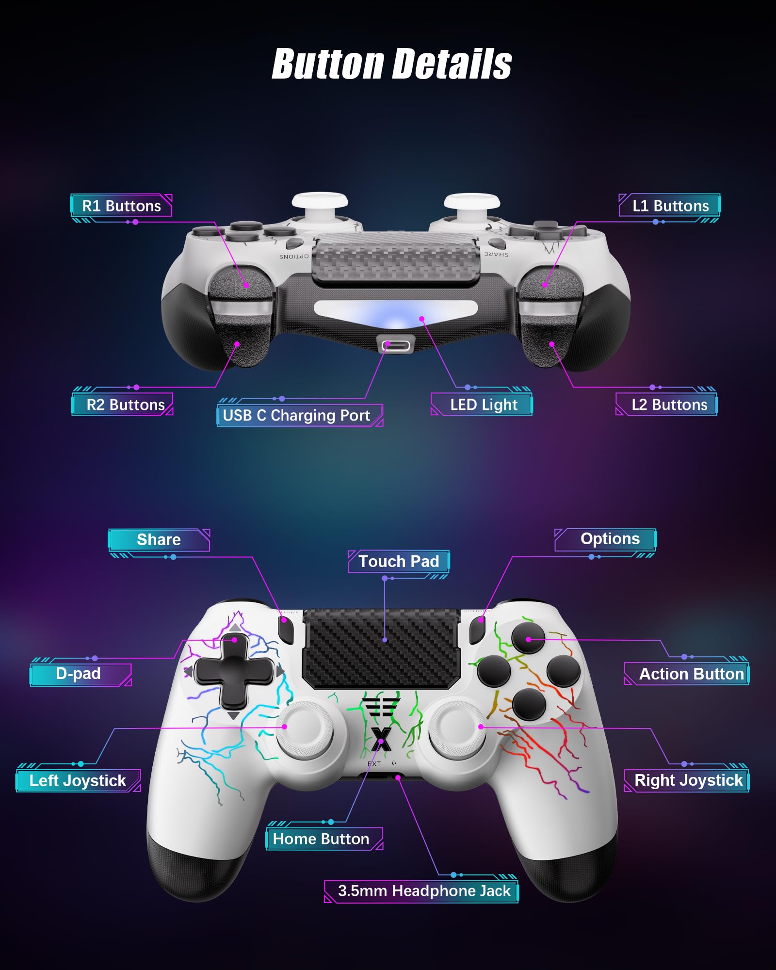 RUIZHI Controller LED Design a Forma di Fulmine, Controller Wireless per Playstation 4 compatibile con PS4/Pro/Slim/PC, con Batteria da 1000 nAh, Cavo USB-C, 1 Pezzo, Bianco
