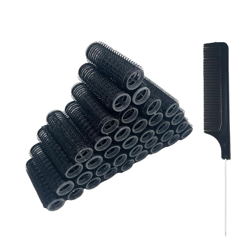 MOODKEY 36PCS Self Grip Small Hair Curlers Heatless Roller Hair Curlers Pro Salon Hairdressing Curler DIY Curly Hairstyle Hair Rollers Tools Rat Tail Comb for Women Medium Short Hair(0.8x2.4in-black)