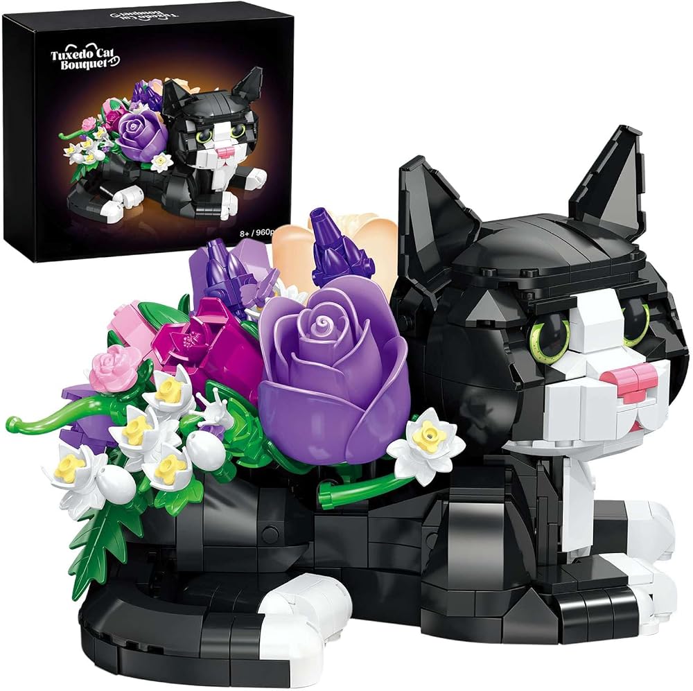 Tuxedo Cat Building Blocks Set，Compatible with Lego Flowers，Gift for 8+ — 사진 1