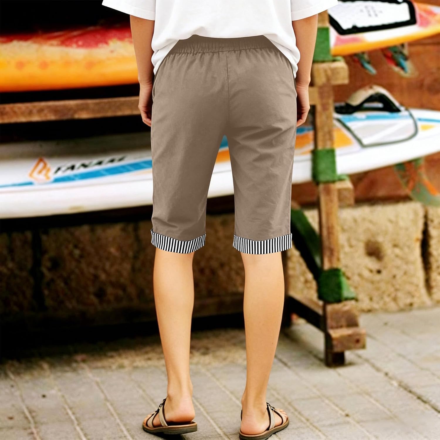 Womens Linen Shorts Knee Length Drawstring Elastic Waist Cropped Pants Striped Hem Straight Leg Lounge Shorts Pockets