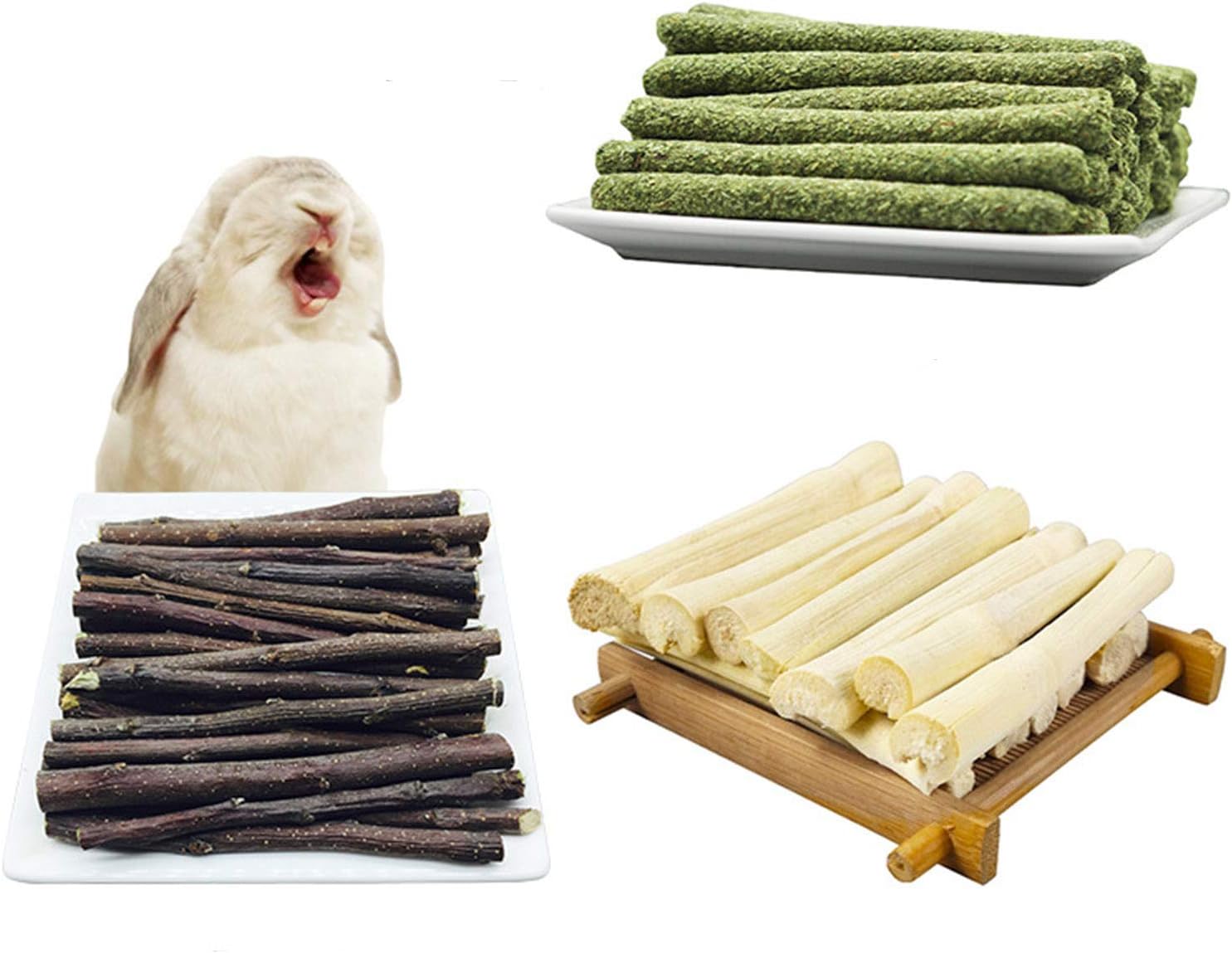 3 Pack Bunny Chew Toys Hamsters Treats, Timothy Hay Apple Sticks Sweet Bamboo Sticks, Small Animal Molar Toy for Rabbits, Guinea Pigs,…