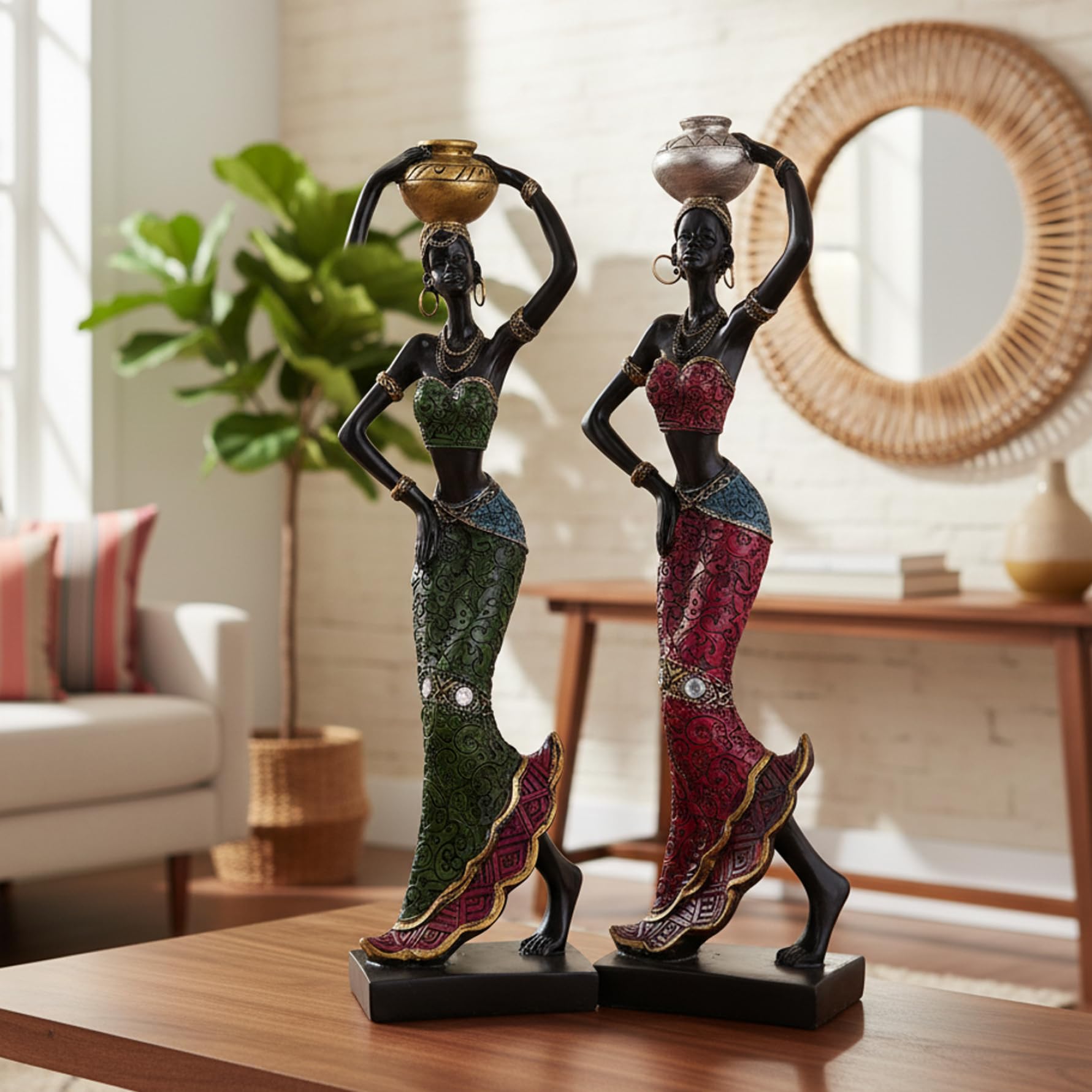 Latemeia Women's Black African Statues - 2 Pack Resin African Figurines Of 8.7In Elegant Tribal Art Sculptures For Home Decor, Decor, Figurines