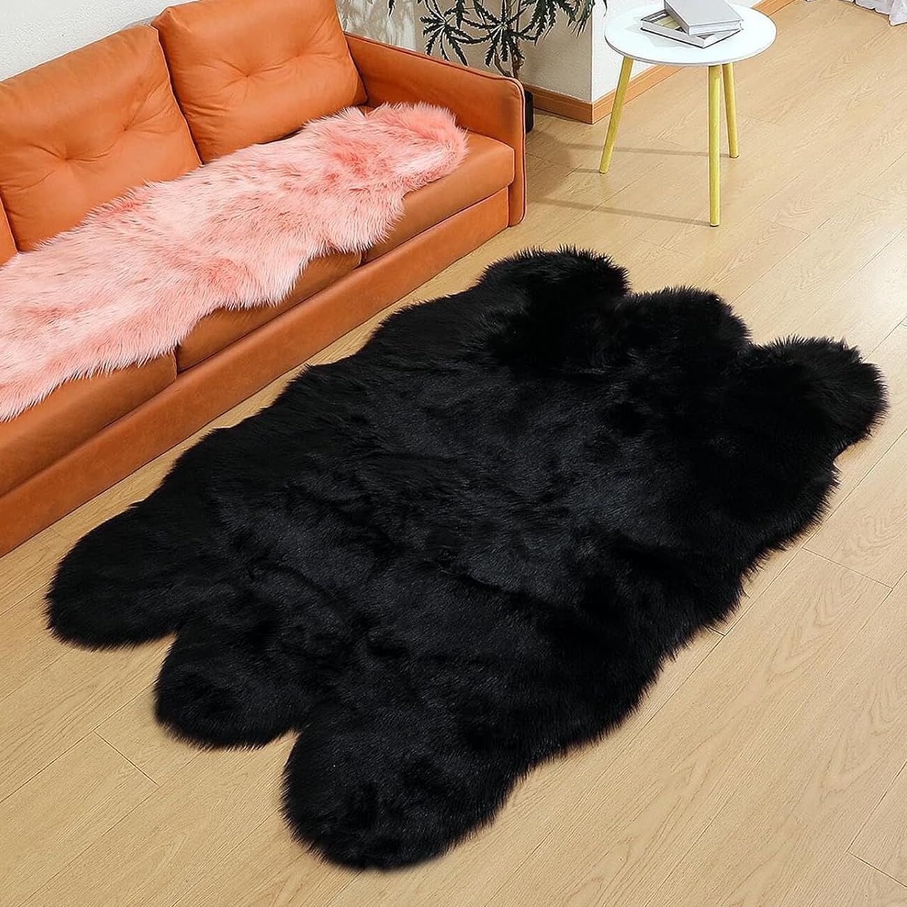 Faux Lammfell Schaffell Teppich Schwarz 160x230 cm, Weicher Flauschiger Teppich Wohnzimmer Deko, Longhair Fell Lammfellimitat Carpet für Stühle Sofa Schlafzimmer Kinderzimmer