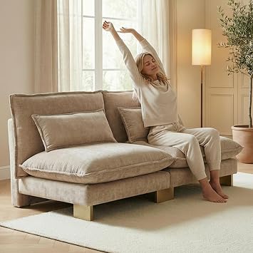 Hyfirm Small Modular Sofa Armless Loveseat, Modern 2-Seats Mini Sofa Couch with Pillows Convertible Love Seat with Gold Legs for Small Spaces Living Room, Oatmeal Chenille