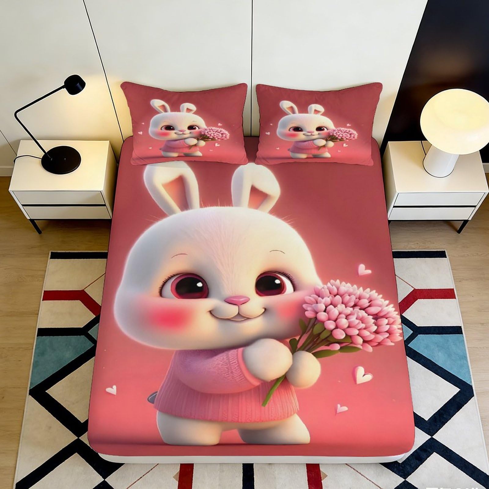 Pnayamiorkfel Style-9 3D Printed Cute Bunny Fitted Sheet Microfiber Pink Cartoon Flower Bed Cover For Bedroom Guest Room Dorm Mattress Decor 90X200x25cm