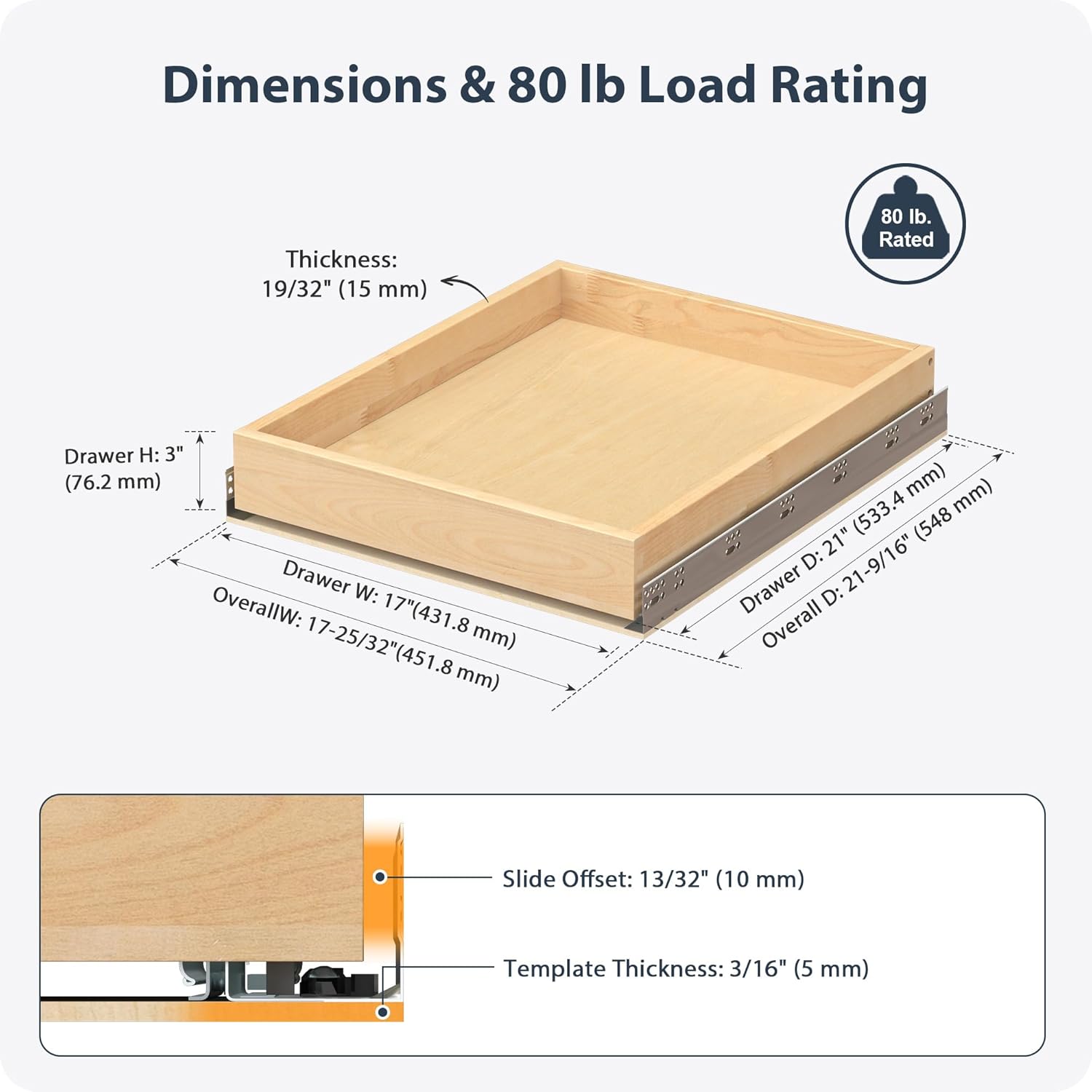 Pull Out Drawers for Cabinets - Birch Wood Pull-Out Drawer 17" W x 21" D - Soft Close Slide Out Shelves for Kitchen Cabinets & Pantry Cabinet Organizer, Heavy Duty, Full-Extension