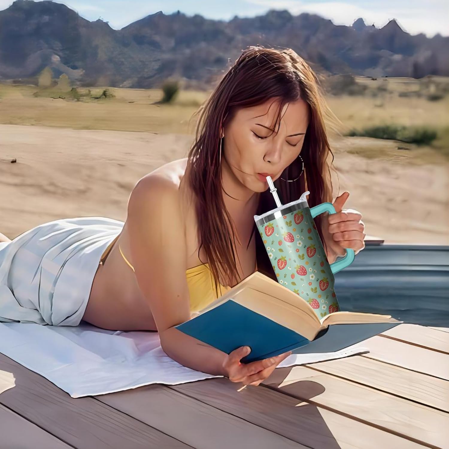 40oz Strawberry Stainless Steel Tumbler with Handle and Straw, Insulated Cup Travel Coffee Mug Water Bottle with Lid and Straw Women Gifts - Image 6