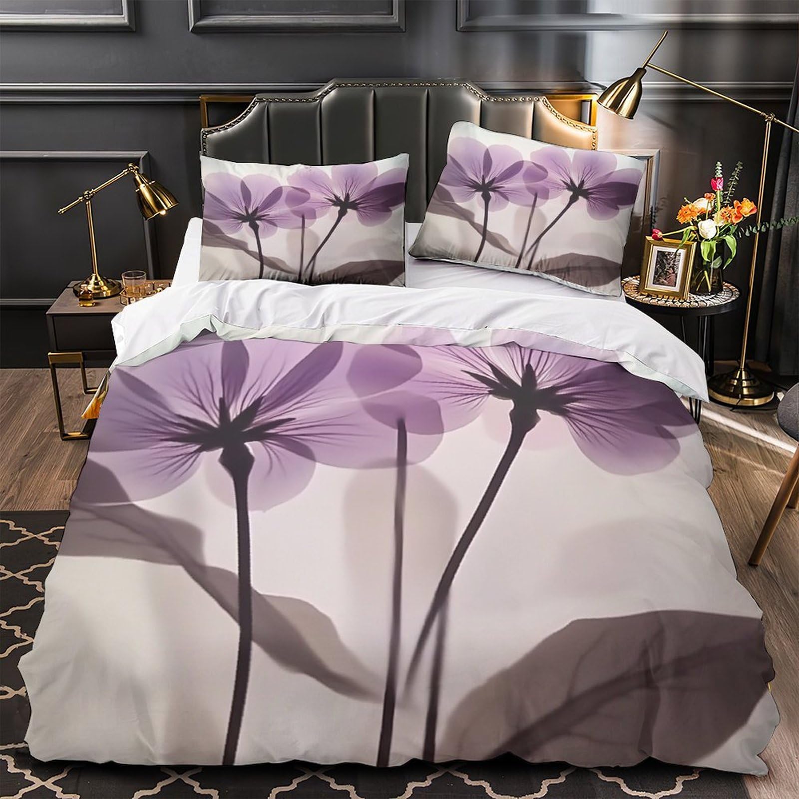 Housse de couette violette plumes 3D parure de lit microfibre 220x240