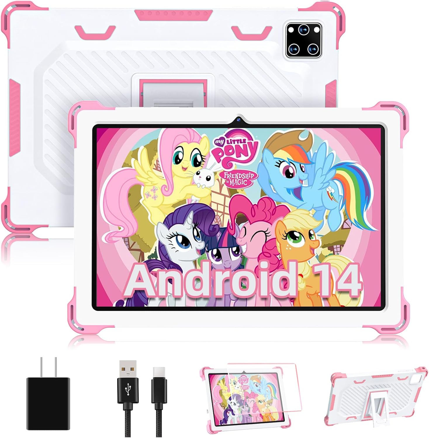Kids Tablet 10 inch Android 14 with Drop-Proof Case, Octa-Core, 10GB+64GB, 512G Expand, 1280 x 800 HD Touchscreen Display with WiFi, BT, Dual Camera, Parental Control, 6000mAh Battery
