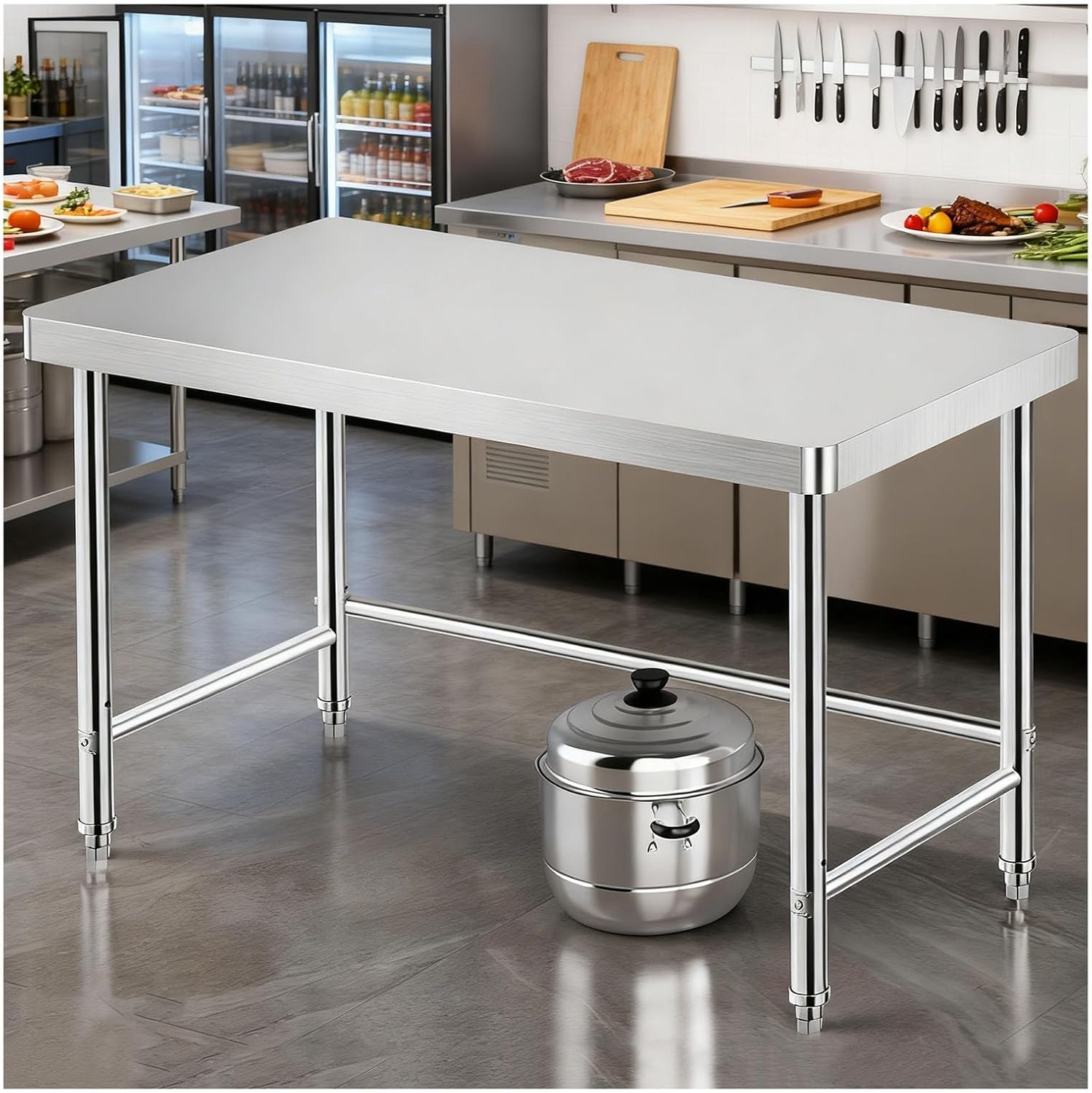 Single-Tier Stainless Steel Workbench Kitchen Cutting Board Table Worktable with Support Rods for Easy Installation Features a Metal-Finished Rounded-Edge Countertop(60x40x80cm/23.6x15.7x31.5”)
