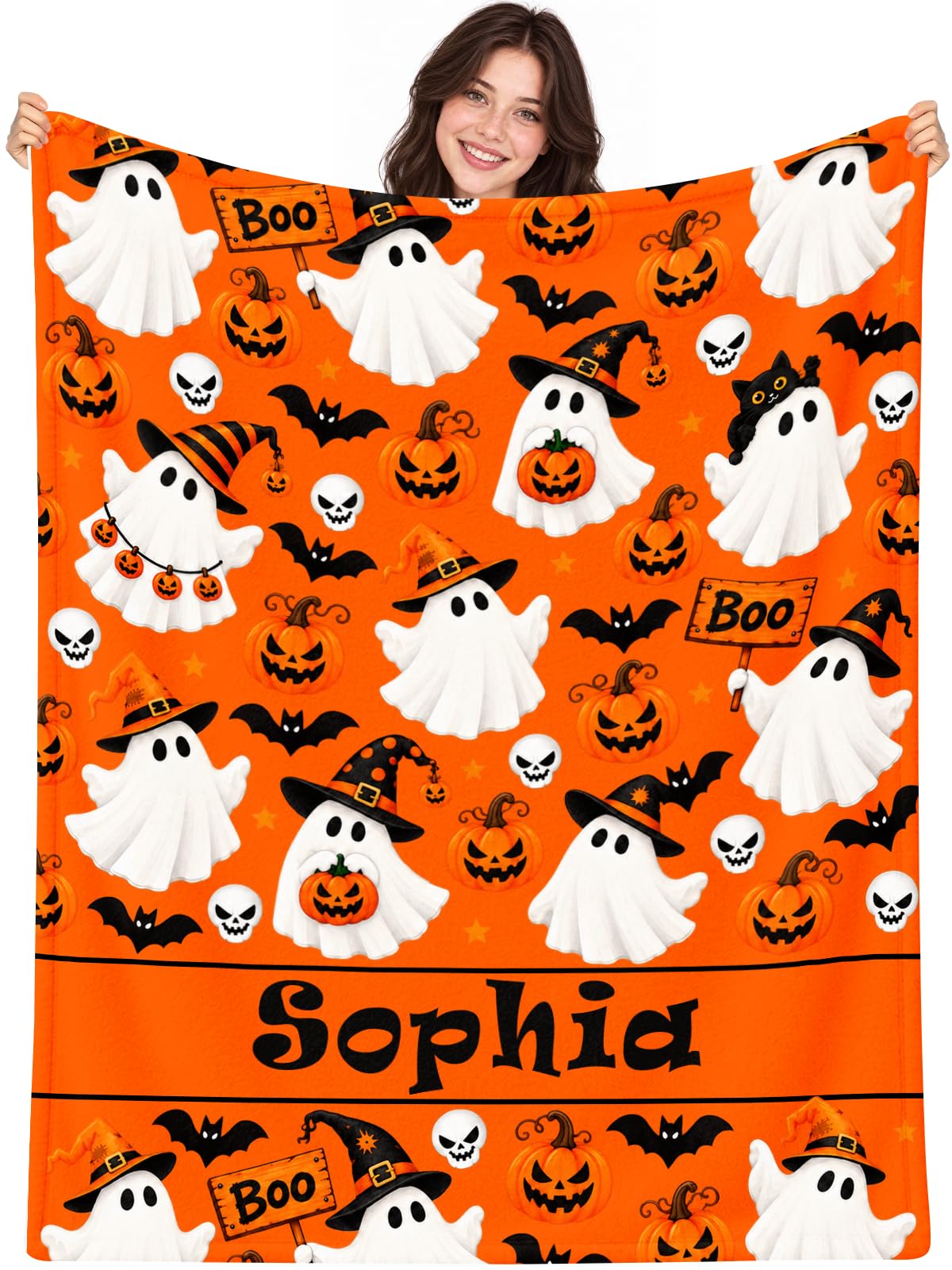 Sparklove Custom Halloween Blanket, Cute Ghost Blanket Personalized Name for Women Men Ghost Throw Blankets, Halloween Flannel Throw Blanket Gift for Him Her Kids Boys Girls Daughter Granddaughter