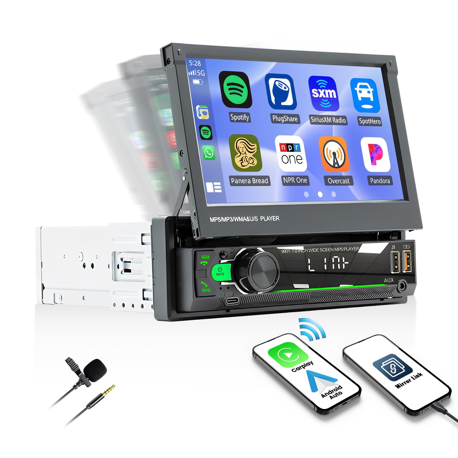 Autoradio Écran Tactile 1 Din de 7 Pouces Capacitif à Déploiement Rapide avec Bluetooth Mirror Link FM/RDS SWC USB AUX + AHD Caméra de Recul