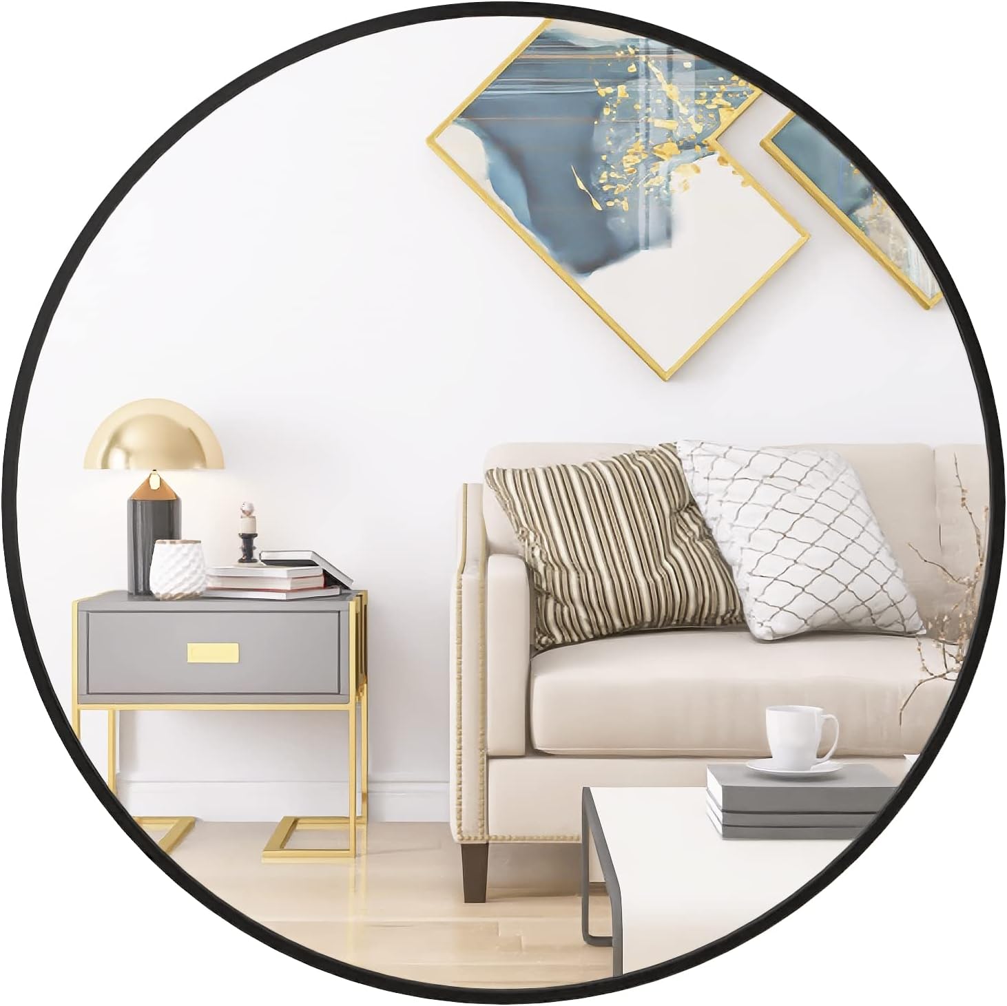 24" Black Metal Frame Circle Mirror, Wall-Mounted, Modern Classic Round Mirror for Bedroom, Bathroom, Living Room