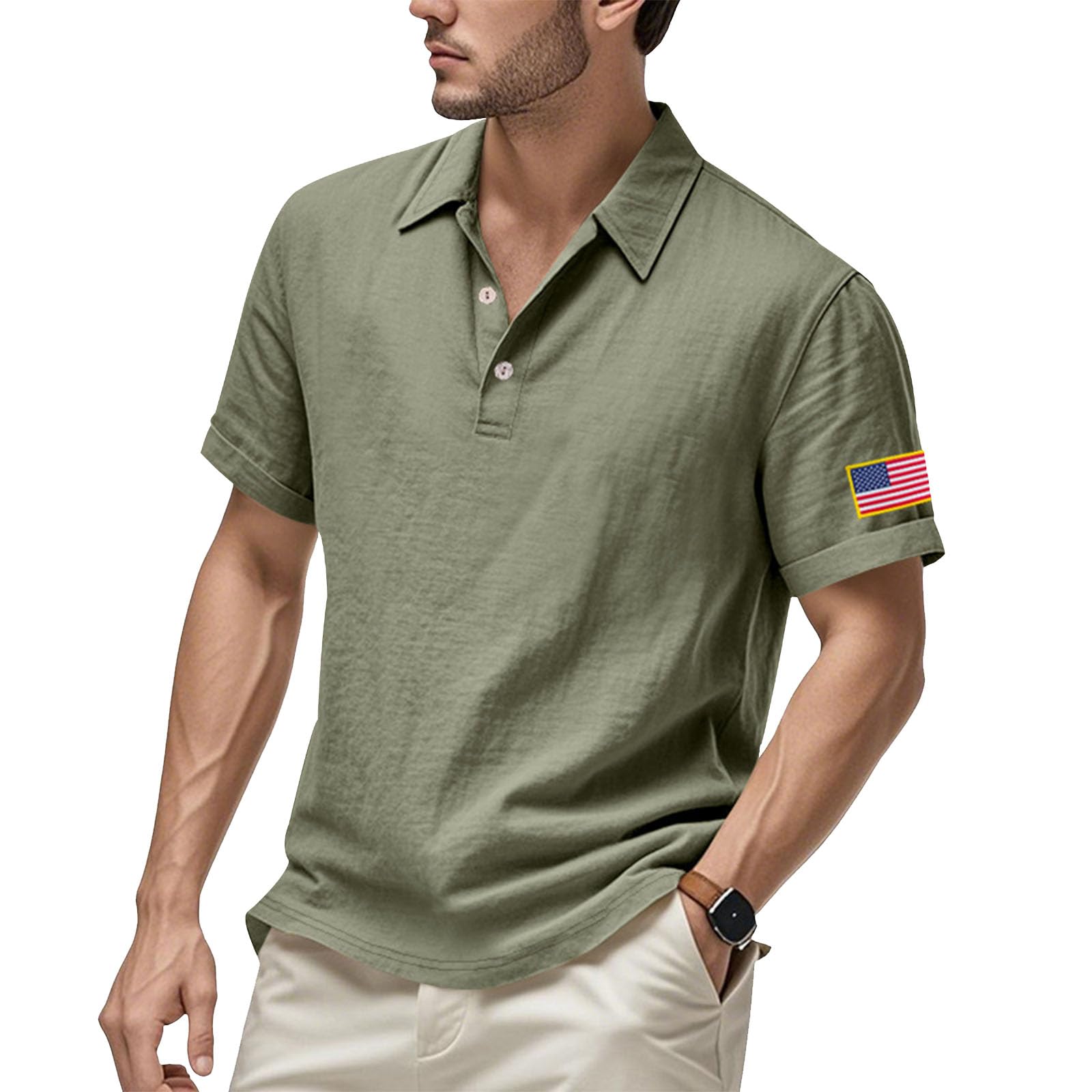 Mens Cotton Linen Polo Shirts Short Sleeve Lightweight Lapel Blouses Button American Flag T-Shirt 2025 Casual Tops