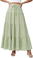 DERAX Women's Boho Maxi Skirt Flowy Ruffle Tiered High Waisted A-Line Summer Beach Vacation Long Skirt