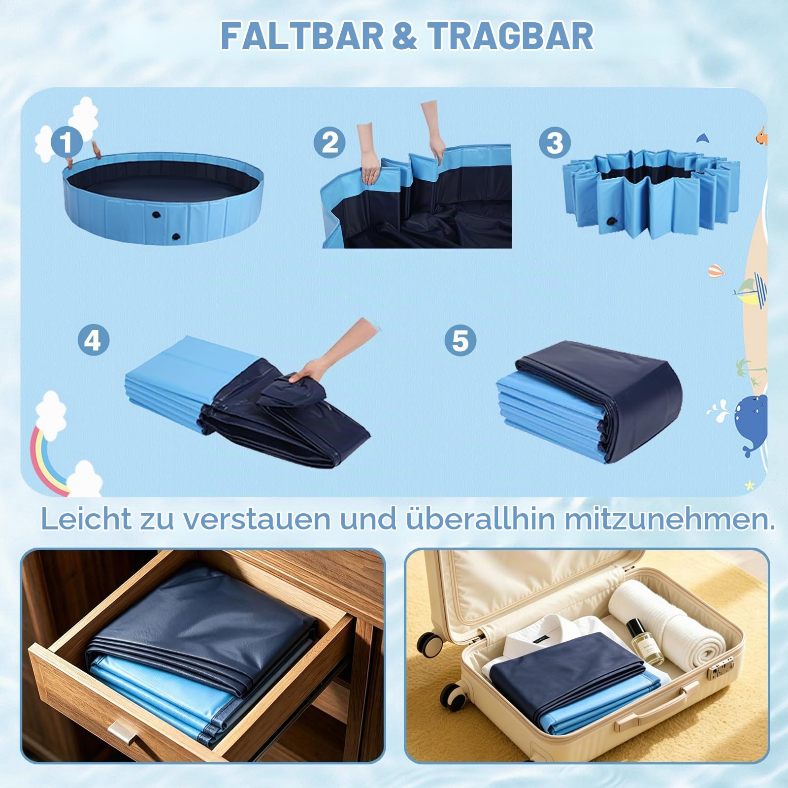 Eooqi Faltbarer Hundepool mit Sprinkler 246 cm, rutschfest & Stabil, 2-in-1 Planschbecken für Haustiere & Kinder, Outdoor Wasserspiel Pool für Garten, Blau