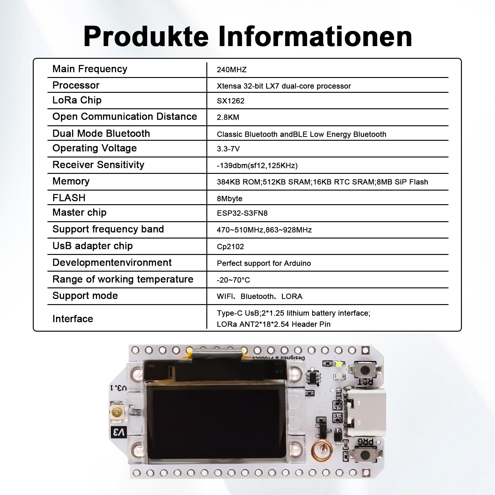 ARCELI Carte de développement LoRa ESP V3, module LoRa ESP Meshtastic avec écran OLED ESP et antenne, carte IOT double cœur USB 240MHz Bluetooth WiFi 863 928MHz compatible avec Arduino/Meshtastic (2
