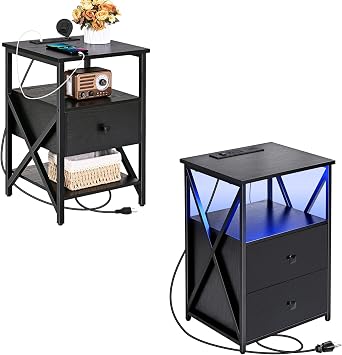 Livofloral LED Side Tables Set of 2, Night Stands with Wireless Charger, End Table Set 2 with Storage, Black Side Table with USB-C and Outlets, Bedside Table with Wood Drawers for Bedroom, Living Room