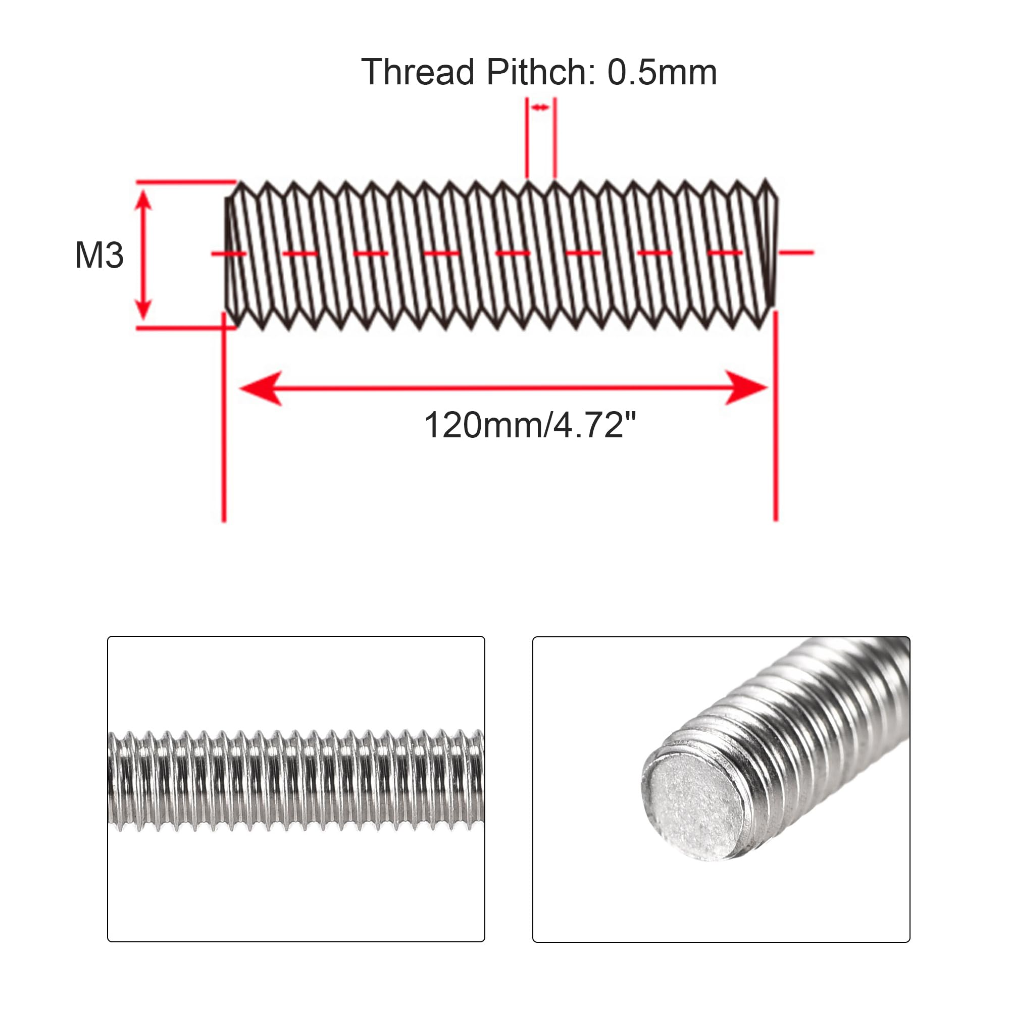 HiPicco M3 x 120mm Fully Threaded Rod & Studs, 304 Stainless Steel Right Hand Threads Rods - Image 2