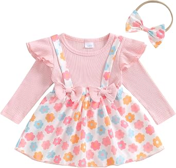 Baby Girl Fall Outfit Newborn Floral Romper Dress Infant Ruffle Long Sleeve Ribbed Bodysuit Winter Clothes Set