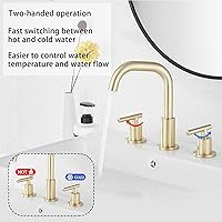 Vista 3 de GGStudy Caño giratorio de 360°, 2 asas, 3 agujeros, 8 pulgadas, grifo de lavabo de baño de oro cepillado a juego con drenaje desplegable