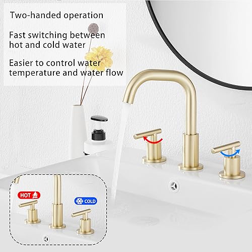 Miniatura 3 de GGStudy Caño giratorio de 360, 2 asas, 3 agujeros, 8 pulgadas, grifo de lavabo de baño de oro cepillado a juego con drenaje desplegable