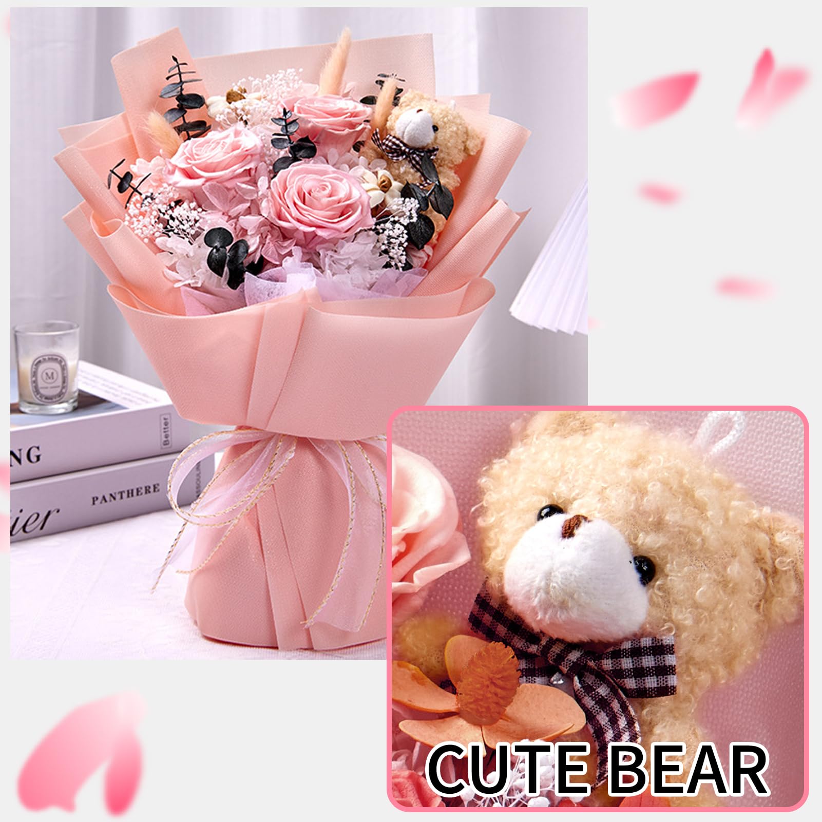 Bouquet de Roses Éternelles, Fleur Eternelle avec Un Ours, Fleurs Préservées avec Coffret Cadeau, Cadeau Femme, Maman, Épouse, Fête des Mères, Saint-Valentin, Anniversaire