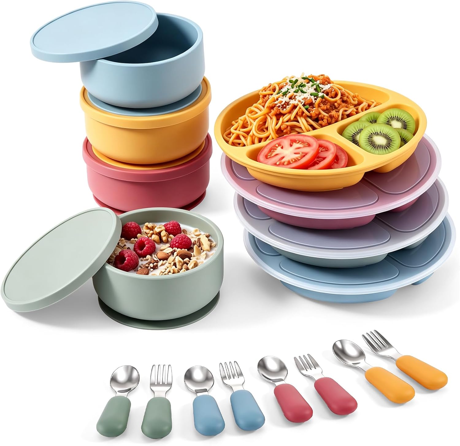 16 Pcs Silicone Toddler Plates and Bowls with Lids Forks Spoons
