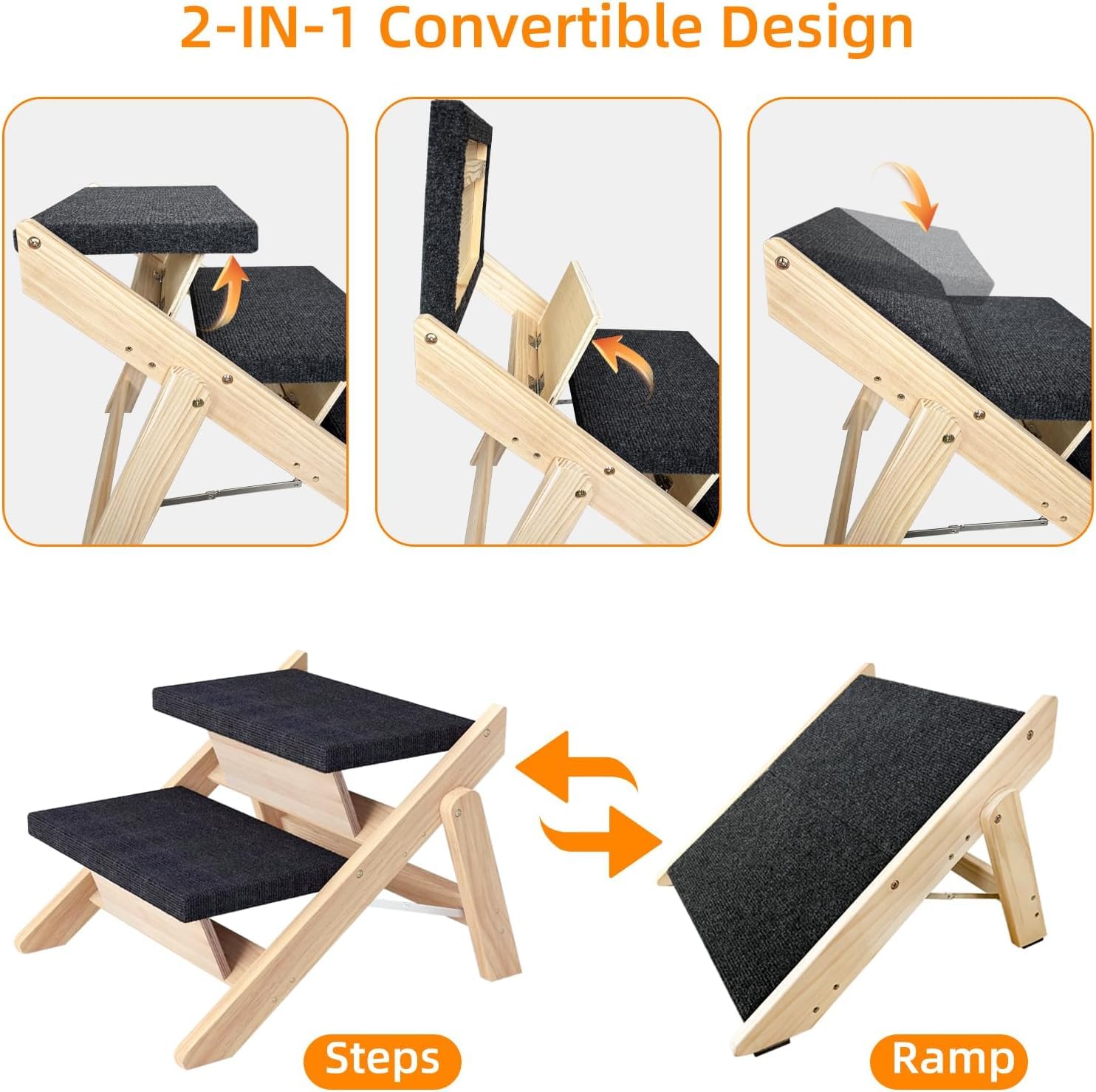 Marche et Ramp 2-en-1 pour Chien en Bois, Pliable et Portable, Échelle Antidérapante pour Lits Hauts, Canapés et Voitures (Noir, 46x33x40 cm)