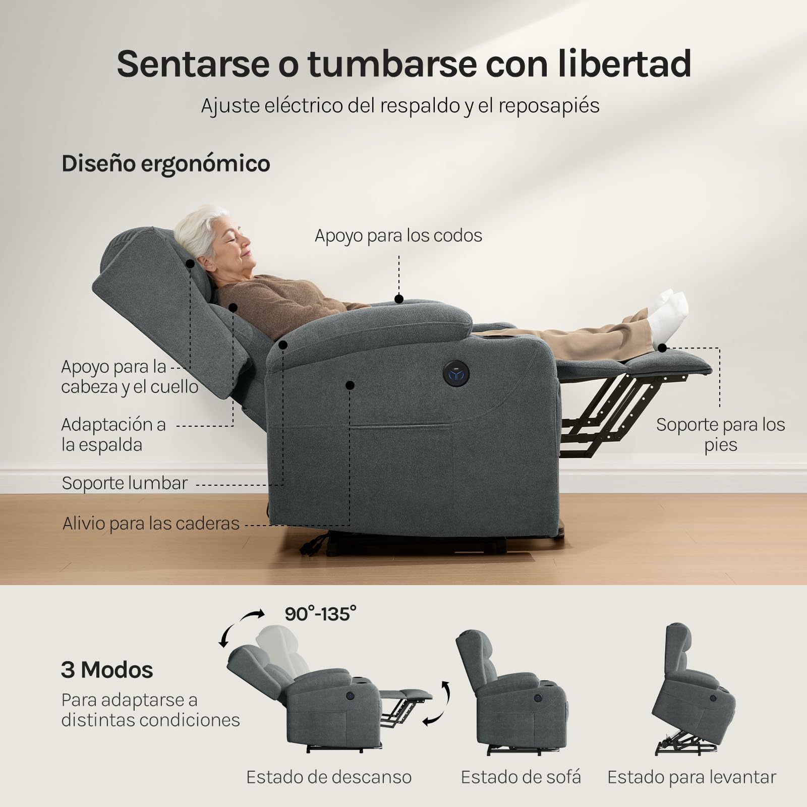 WOLTU Sillón Reclinable Eléctrico, Sillón Relax de Masaje con Ayuda para Levantarse, con Calefacción de Masaje, Reposapiés, Bolsillos, Portavasos, Puerto USB, Tela de Rizo, Gris, SKS61gr
