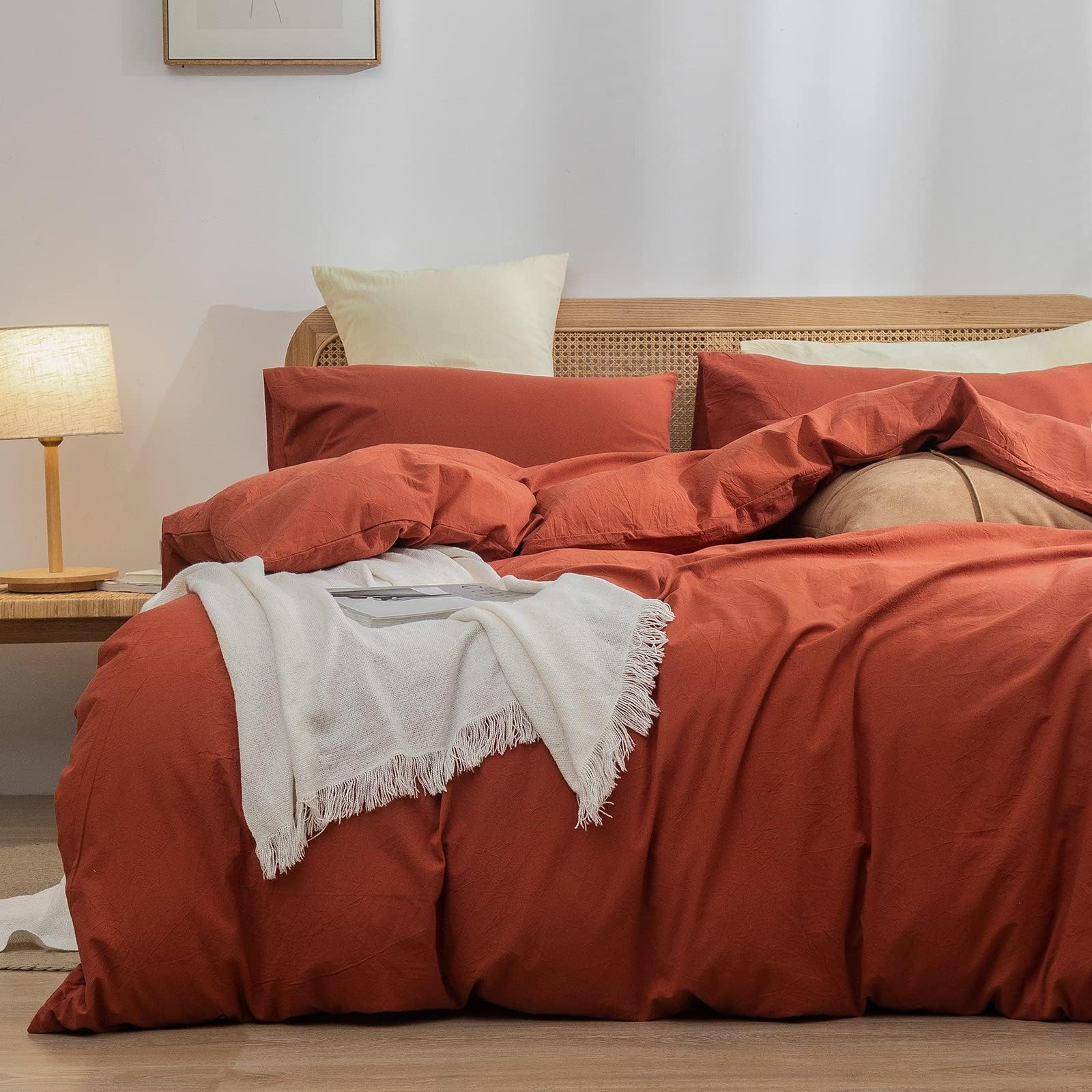 BESTOUCH Cotton Solid Duvet Cover Set Burnt Brick Red Oversized Full