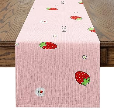 Girls Strawberry Table Runners 13x48,Kawaii Strawberry Rectangular Runner Japanese Style Pink Cute Cartoon Fruit Food Theme Dresser Runner Girly Floral Spring Table Runner for Home Party Decor