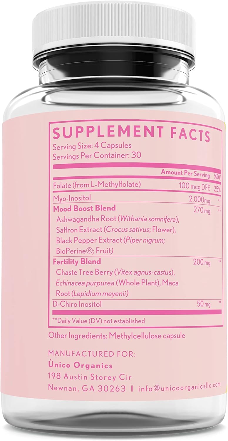Unico Organics Myo-Inositol Advanced with Folate & D-Chiro Formulated for Women Hormonal Balance & Healthy Ovarian Function, Ratio 40 is to 1, Vitamin B8, No Gluten,120 Capsules : Health & Household