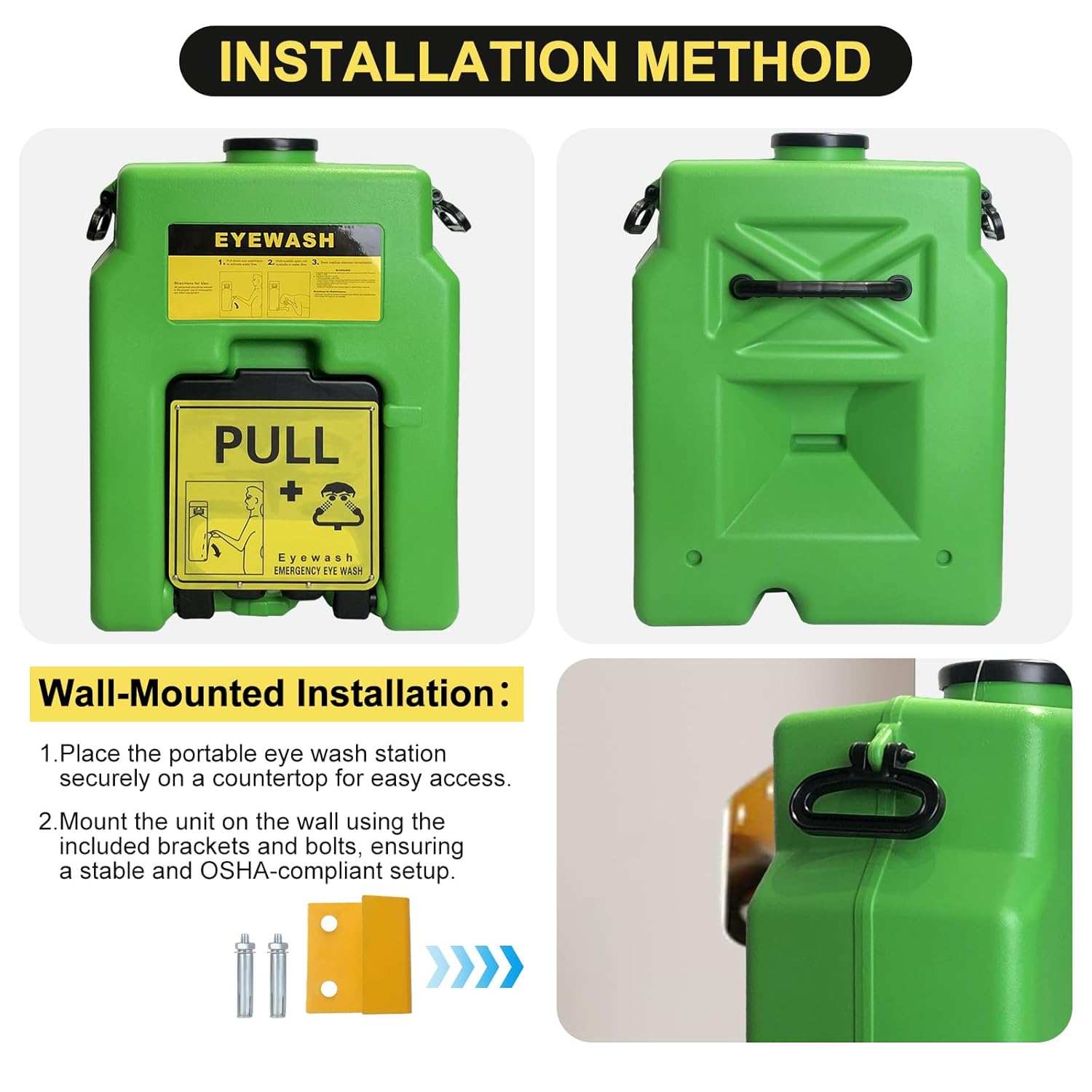 14-Gallon Portable Eye Wash Station OSHA-Approved, Includes Station Sign and 2 Inspection Tags, Wall Mount Eyewash Station, Emergency Eye Washing Station, First Aid Eye Wash Units for Workplace Safety