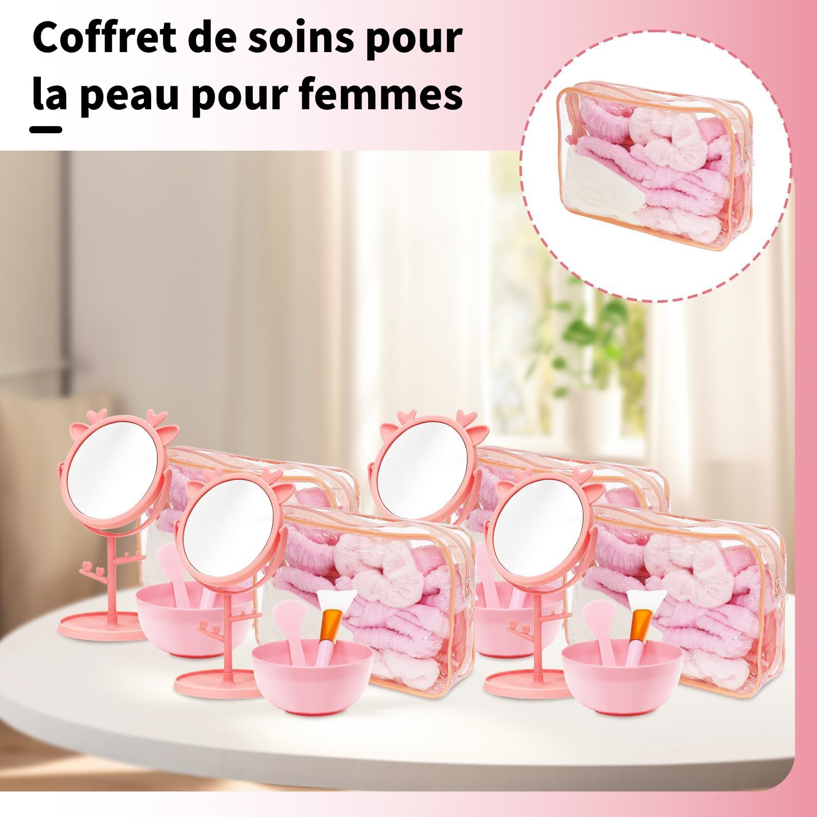Juego de 48 kits spa rosa – estuche spa para mujer 6 personas con cuencos de máscara, pinceles, espátulas, espejos, estuches de maquillaje, bandas, cochus, toallas para noche de pijama, cumpleaños