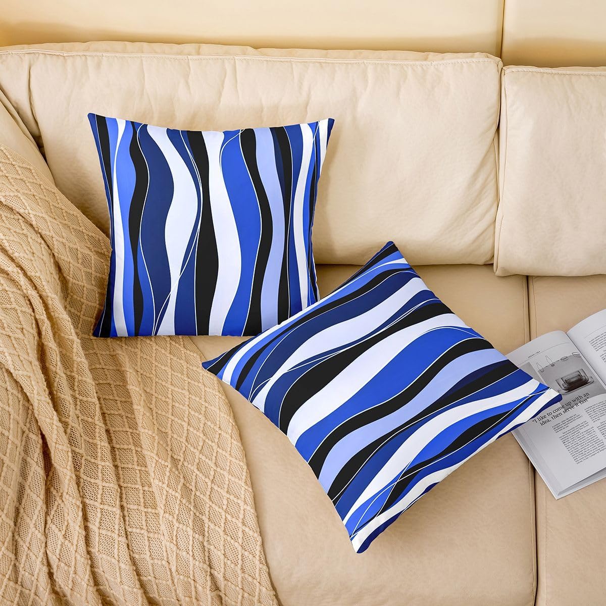 Manfei Vibrant Wavy Line Throw Pillow Cover Flowing Curve Cushion Case Modern Style Pillow Cover for Couch Sofa,Blue Black White Soft Pillowcases,16x16 Inches image 2
