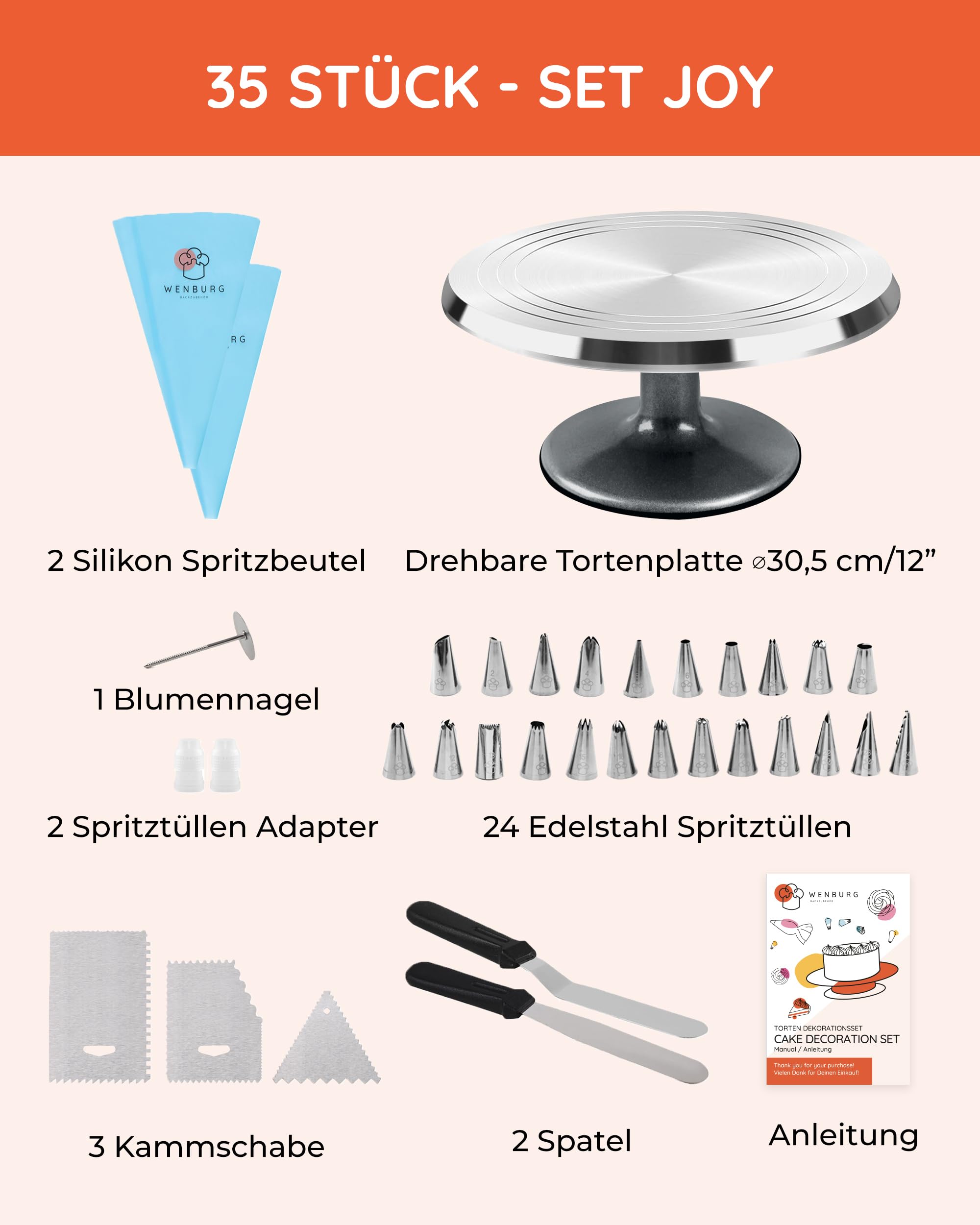 Wenburg Tortenplatte Drehbar aus Aluminiumlegierung - 35-tlg. Tortendeko Set - Drehbare Tortenplatte mit Zubehör - Spritzbeutel, Spritztüllen, E-Book & mehr I Torten Drehteller I Tortenständer