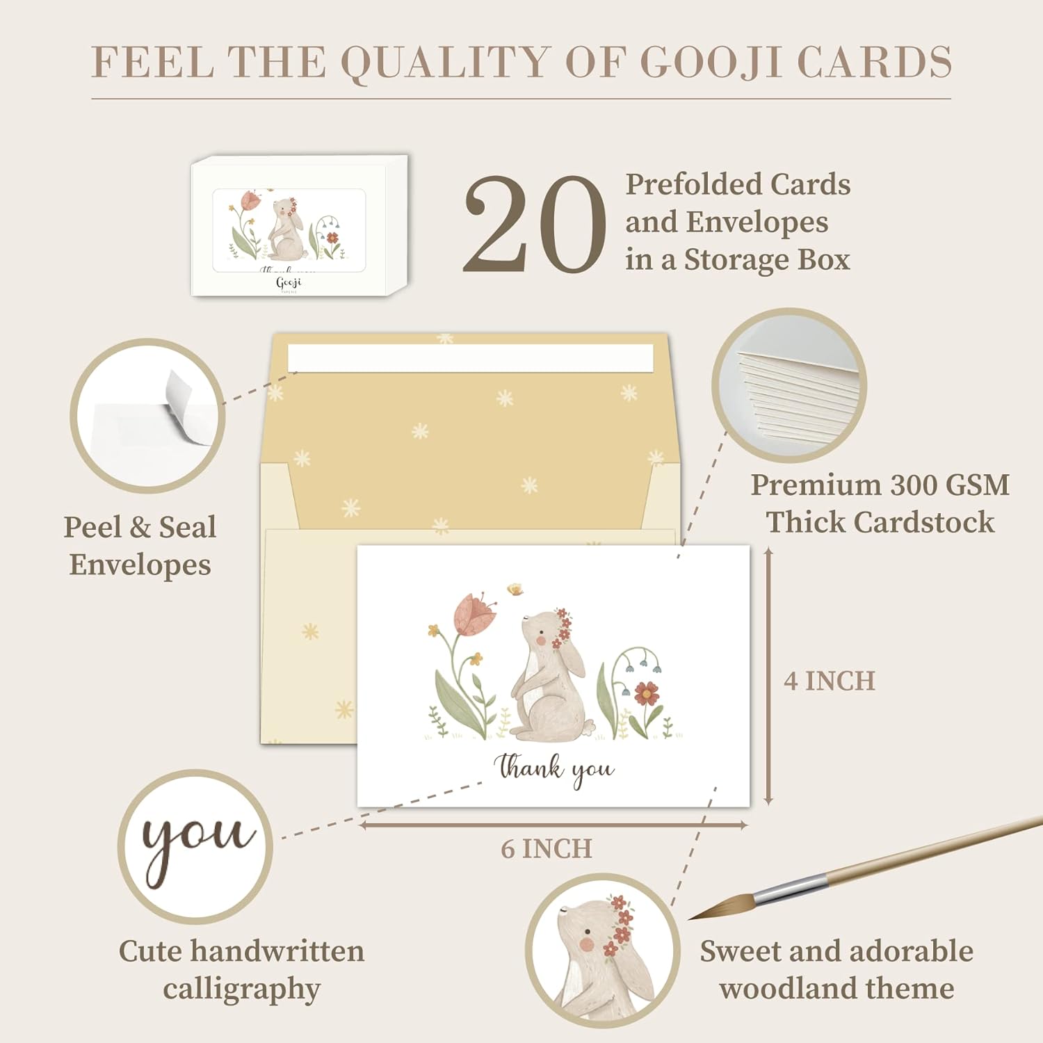 Gooji 4x6 Woodland Thank You Cards with Envelopes (Bulk 20-Pack) Matching Peel-and-Seal Envelopes Assorted Bulk, Watercolor Birthday Party, Baby Shower, Weddings, Greeting, Blank Notes Stationary - Image 2